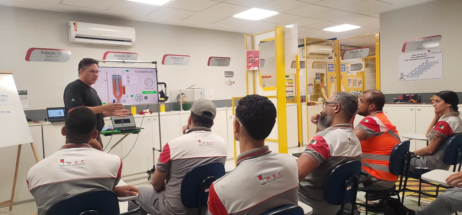 Instrutor apresentando parâmetros de processo
